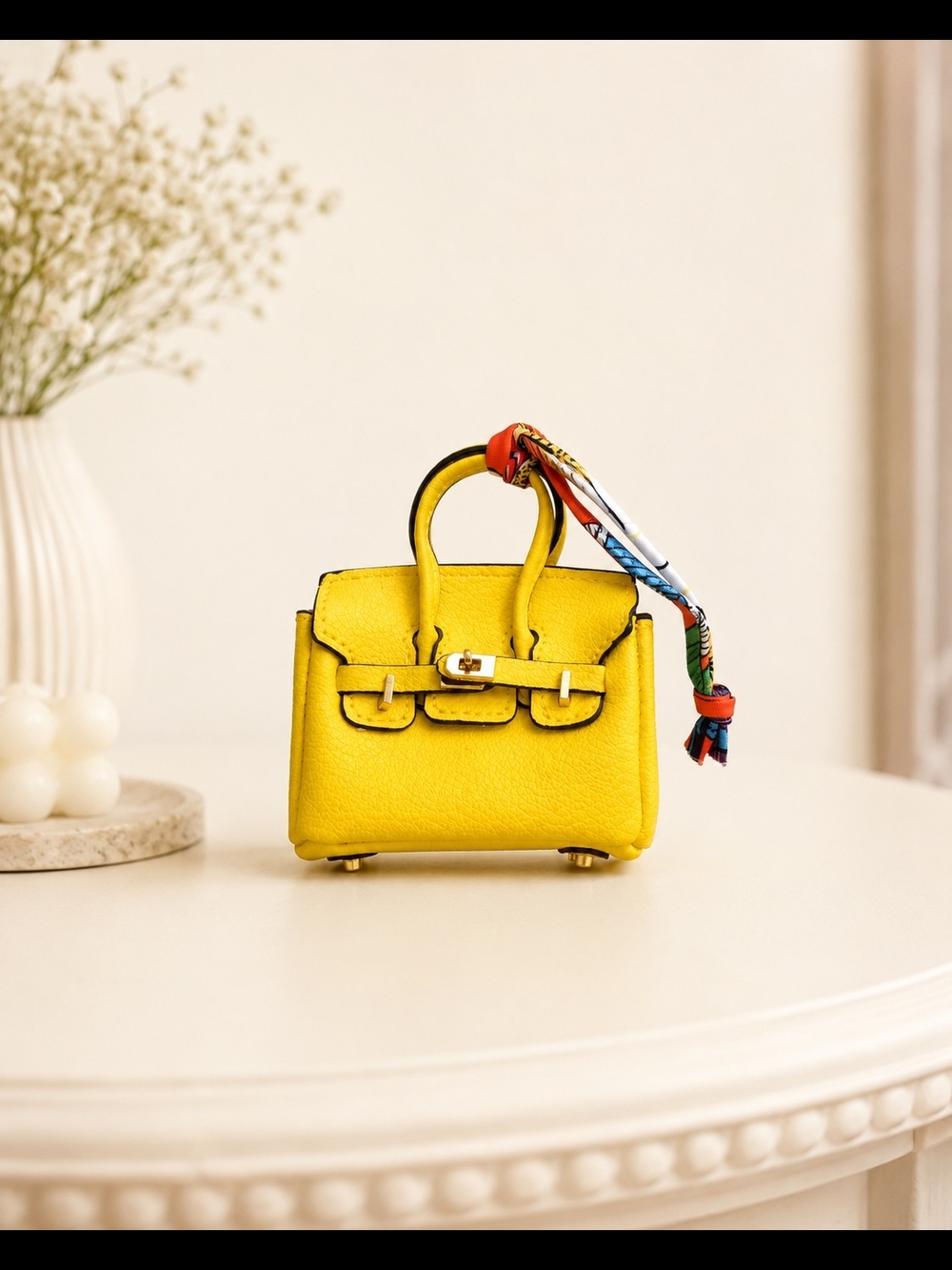 Yellow Mini Top-Handle Leather Handbag with Scarf Accent Charm